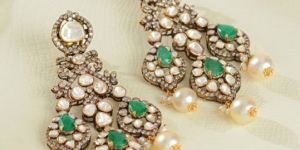 Victorian Womens Polki Earrings with Pearls and Emeralds