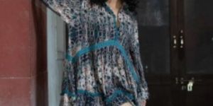 Women Blue Ikkat Print Balloon Sleeves Flare Dress