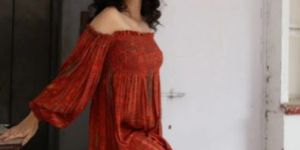 Women Rust Smocking Short Dress