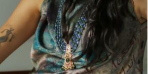 women turquoise river print cowl top