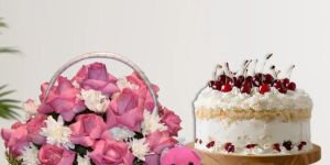 pink rose white chrys basket cake combo