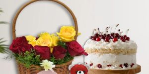 Red & Yellow Rose Basket and Cake Combo