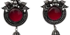 Women Enamelled Oxidised Jhumka Earrings with Maroon Center Stone
