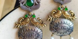 Elegance Two-Tone Oxidized Peacock Dangler Earrings For Women