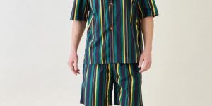 Mens Striped Collar Shirt And Shorts Set