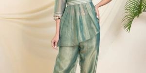 SEA GREEN ONE SHOULDER PEPLUM TOP WITH PANT WOMEN CO-ORD SET