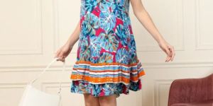 TROPICAL HALTER NECK TIERED SHORT WOMEN DRESS