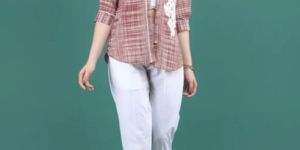 Women Red Cotton Shirt with Crochet Flower