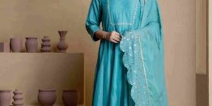 Women Stunning Blue Anarkali Three Piece Set