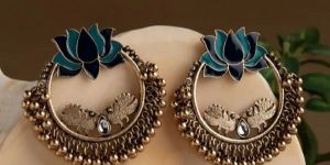 Gold Plated Lotus Designed Dual Colored Enamel Women Earrings