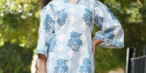 Women GULABO Blue Rose Hand Block Print Cotton TOP