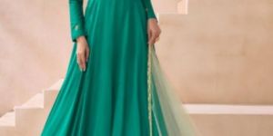 Women Cyan Green Silk Anarkali Gown with Embroidery Work