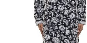 Mens Black & White Silk Floral Embroidery Kurta Set