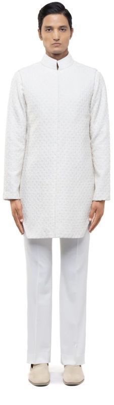 Mens Ivory Silk Floral Embroidery Deconstructed Jacket & Achkan Set