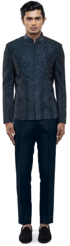 Mens Navy Blue Silk Geometric Embroidery Bandhgala Set
