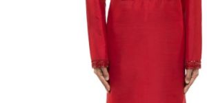 Mens Red Silk Geometric Lines Embellished Kurta Set