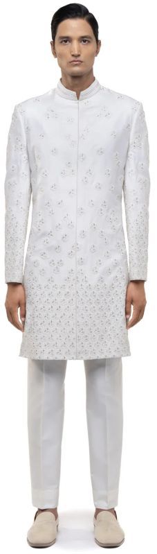 Mens White Silk Abstract Geometrical Embroidery Sherwani Set