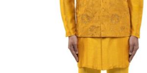 Mens Yellow Georgette Floral Embroidery Kurta Bandi Set
