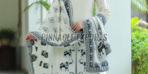 Ladies Navy Blue and White Viscose Santoon Elephant Printed Suit Set