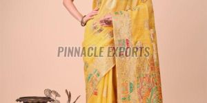 Ladies Yellow Printed Linen Cotton Saree