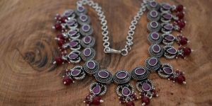 women sequence peacock design intricate chained long necklace