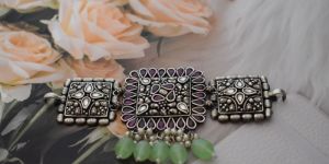 Women Square Tikdi Ruby Colour Cutstone Silver Choker