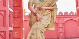 Ladies Cream Floral Print Linen Cotton Saree