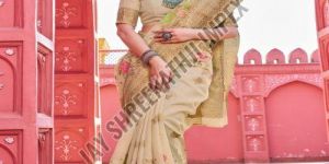 Ladies Cream Floral Print Linen Cotton Saree
