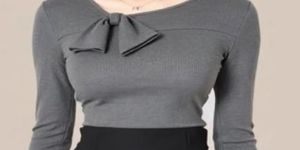 Ladies Plain Lycra Grey Bow Neck Top