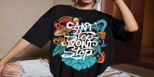 Ladies Stylish Black Printed Oversize T-Shirt