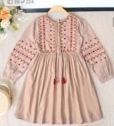 cotton three fourth sleeves floral embroidered knee length kurti