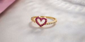 Ladies Red Heart Design Gold Plated Ring
