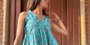 Cotton Teal Blue Halter Neck Top