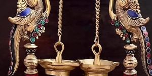 Stone Finish Brass Peacock Diya Stand