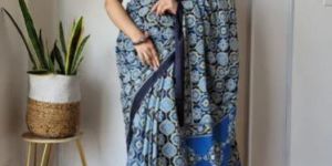 Ladies Blue Printed Cotton Saree