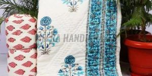 Blue Floral Printed Cotton Handmade Kantha Quilt