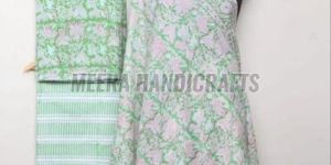 Ladies Light Pink and Green Hand Block Printed Suit Material