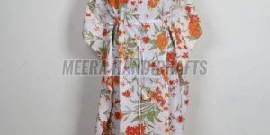 Ladies Orange Floral Hand Block Printed Kaftan