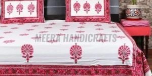 White Pink Handblock Printed Cotton Bed Sheet Set