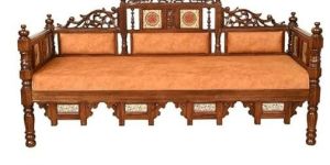 3 Seater Oak Brown Solid Wooden Hand Carved Sofa