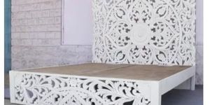 White Solid Wooden Handcarved King Size Bed