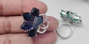 Ladies Brass Dark Blue Flower Crystal Finger Ring