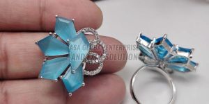 Ladies Brass Sky Blue Flower Crystal Finger Ring
