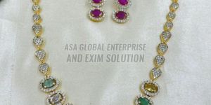 Ladies Multicolor Stone Work Brass Artificial Necklace Set