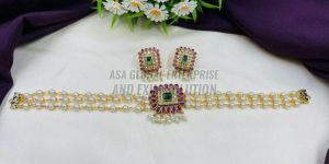 Ladies Party Wear Traditional White Pearl Brass Choker Set