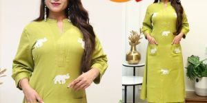 Ladies Elephant Embroidery Cotton Kurti With Pants Set
