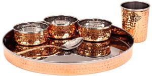 Indian Art Villa Pure Steel Copper Hammered Design Thali Dinner Set