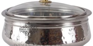 Indian Art Villa Pure Steel Hammered Design Handi Bowl with Glass Lid