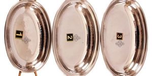 IndianArtVilla Steel Copper Oval Serving Platter Plate with Brass Handle