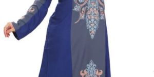 Women Elegant Dark Blue and Gray Embroidered Cotton Kaftan Gown